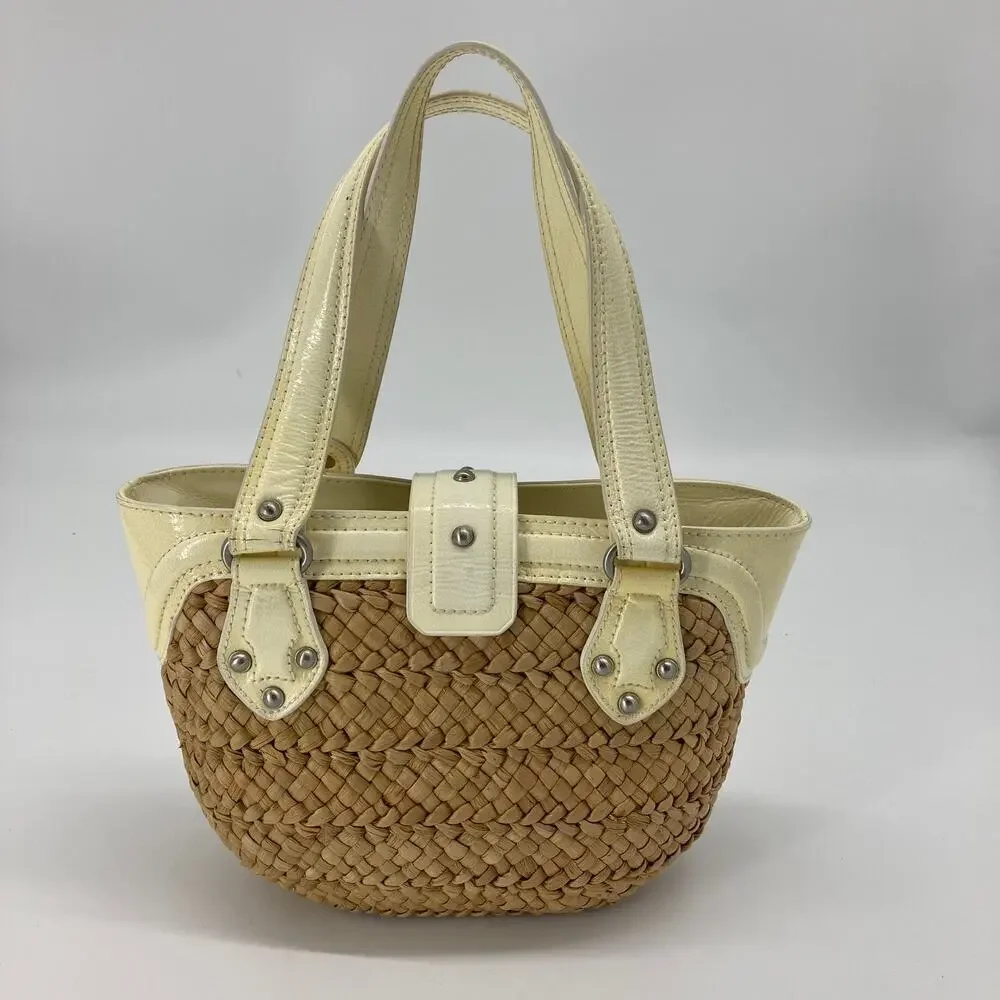 Michael Kors, brown basket weave, patten leather trim